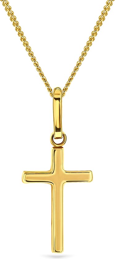 Gouden kruishanger aan een fijne gouden ketting, geïsoleerd op wit.