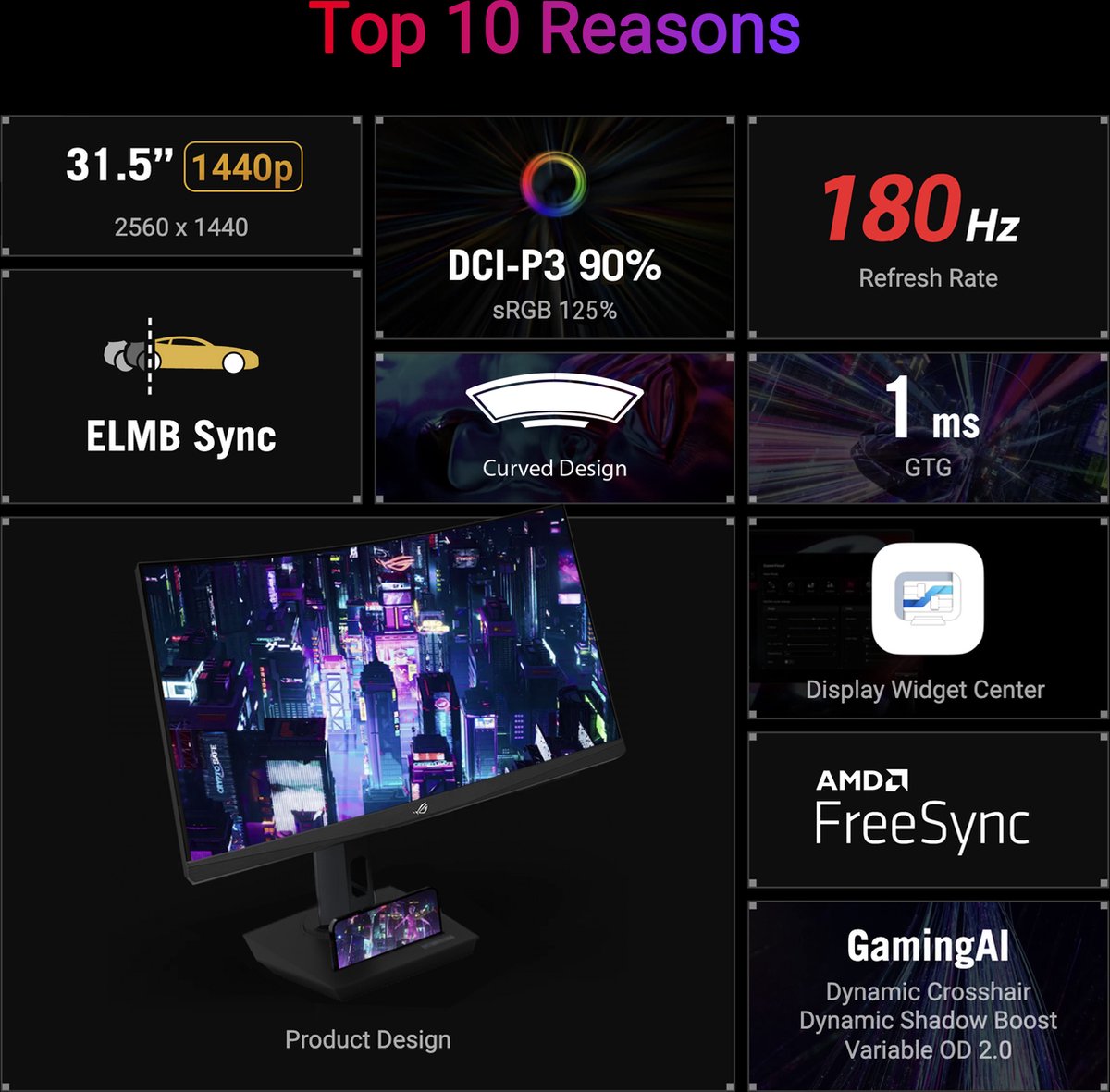 ASUS ROG Strix XG32WCS USB Type-C Gaming Monitor - QHD VA Curved - 180Hz - 1ms - FreeSync - 7,5W USB-C - 31.5 Inch thumbnail 5