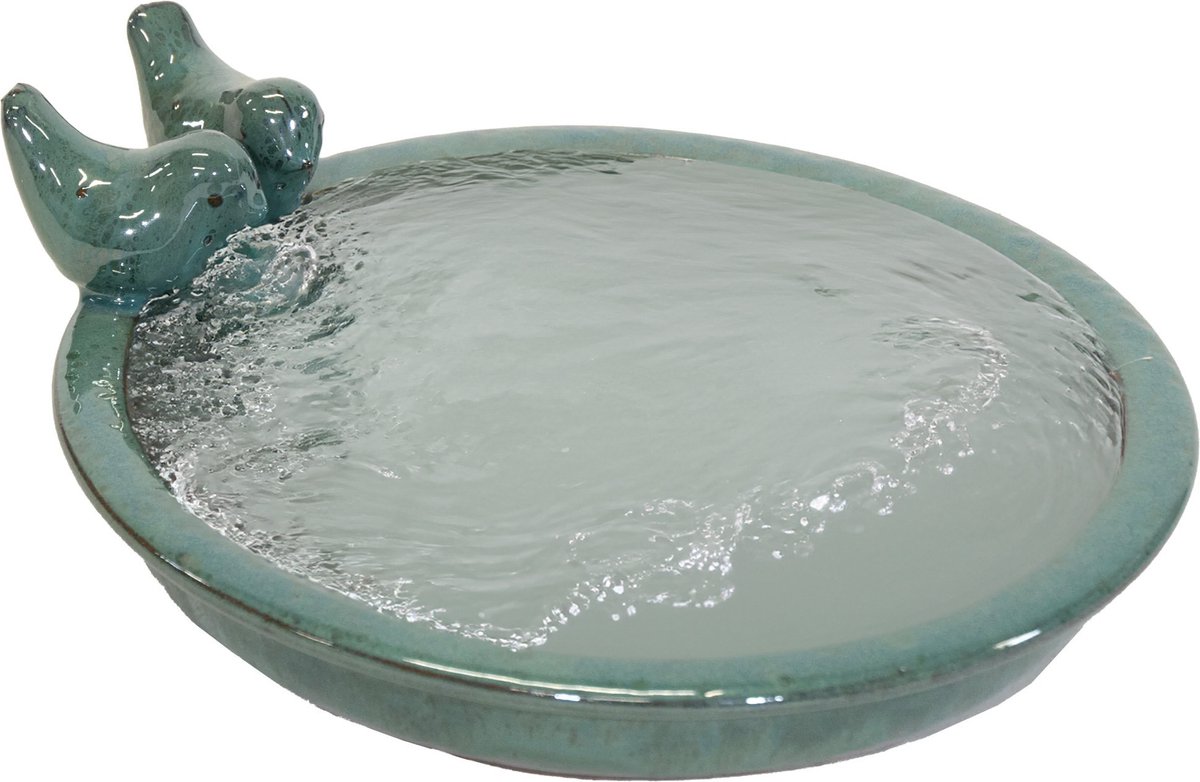 Mega Collections Vogelbad/voederschaal - groen - keramiek - D30 x H11 cm - drinkschaal voor tuinvogels - rond