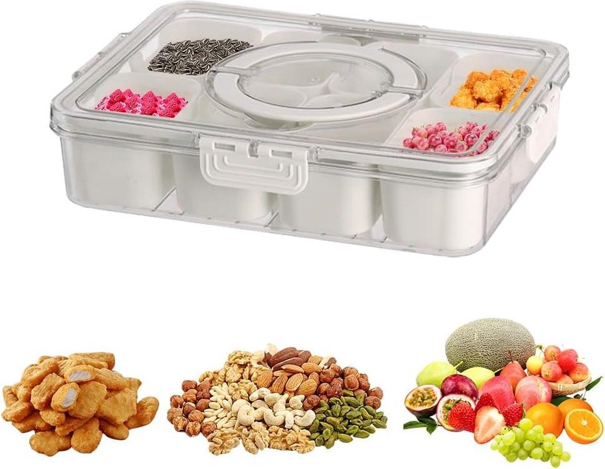 Onderverdeelde Snack Opbergdoos Rond Snack Dienblad Met Deksel Fruitdoos Voor Gedroogde Vruchten Snackborden Voor Noten Snoep En Groenten (8 Vakken)