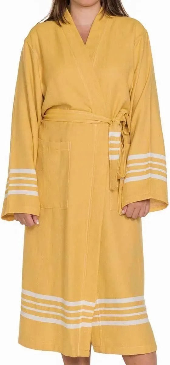 Lalay - hamam badjas Krem Sultan - mustard yellow - S - dames heren badjas - sauna badjas - dunne badjas - 100% gekamd katoen