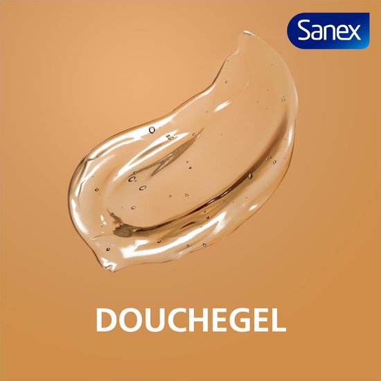 Een veeg van doorzichtige, gelachtige douchecrème op een bruine achtergrond. Tekst: DOUCHEGEL.