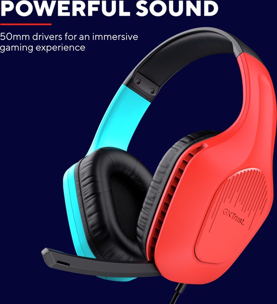 Trust GXT 416S Zirox - Casque de Gaming filaire - pour Nintendo Switch - 3,5 mm - Stéréo - Rouge/ Blauw
