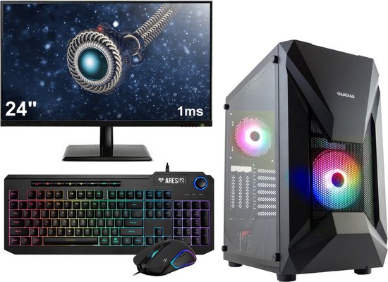 AMD Ryzen 7 5700G 8-Core Budget Game PC SET met RGB LED verlichting in MESH Behuizing - 24" 1ms Scherm - Gaming Toetsenbord en Muis - 16GB (2x8) RAM - 500GB M.2 SSD - RX Vega 8 - Windows 11 Professional