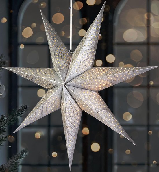 BRUBAKER 60 cm Papieren Kerstster om op te Hangen - LED Adventsster voor Kerstdecoratie en Raam - 3D Papieren Ster met Timer Functie - Hangende Lichtster - Verlichtbaar met Batterij - Zilver