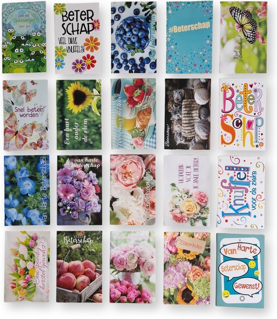 Cards & Crafts 20 Luxe wenskaarten Beterschap Sterkte - 17x12cm - Gevouwen kaarten met enveloppen