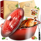 KRUSTENZAUBER 37,5 cm ovale gietijzeren braadpan met deksel geschikt voor de oven inclusief vleesvork - 9.8L rood geëmailleerde pot - braadpan inductie, gas, elektrisch - ideaal kerstcadeau