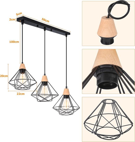 iDEGU Vintage hanglamp met 3 lampen in industrieel design kooi