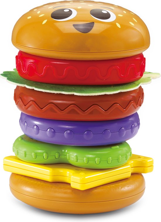 Een gestapelde hamburger met een gele broodje, rode tomaten, groene sla, bruine patty en paarse, groene en gele ringen.
