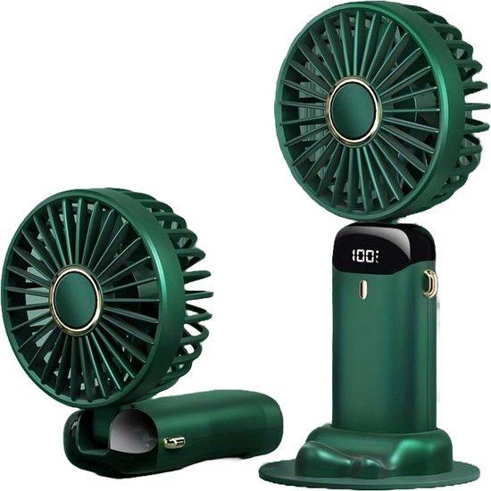 Stille Draagbare Handventilator Groen met LED Display, 5 Snelheden, USB Oplaadbaar, Mini Ventilator voor Zomer & Festival