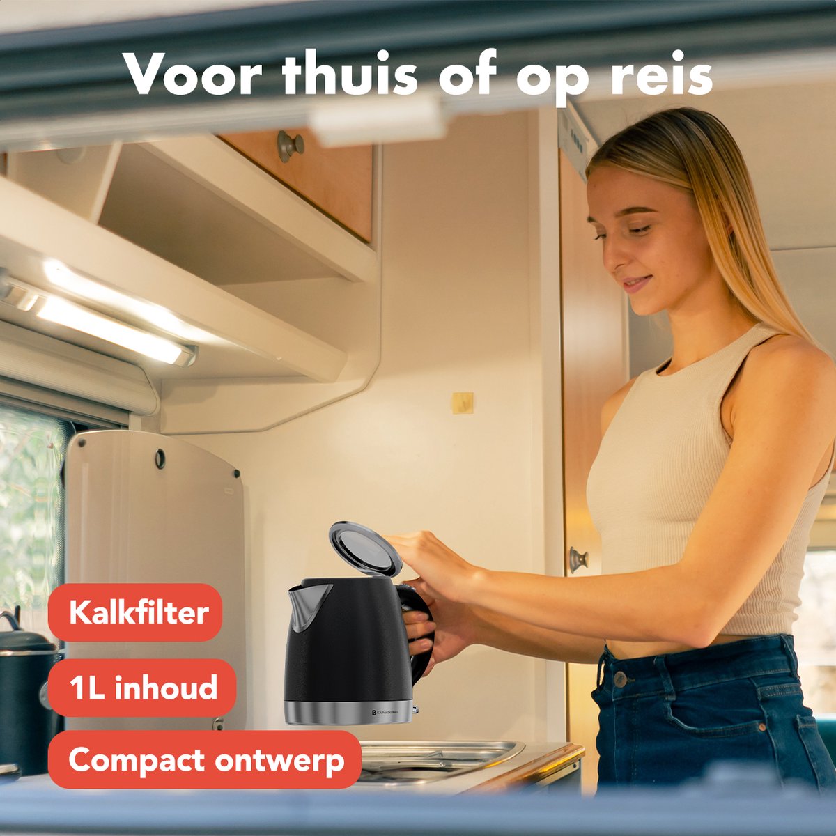 KitchenBrothers Waterkoker - Elektrisch - 1 Liter - PFAS- & BPA-vrij - Klein Camping Formaat - Reiswaterkoker met Kalkfilter - Titanium Grijs/RVS — afbeelding 3