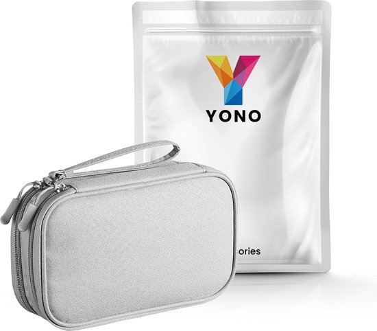 Grijze YONO kabelorganizer tas naast een YONO verpakking.