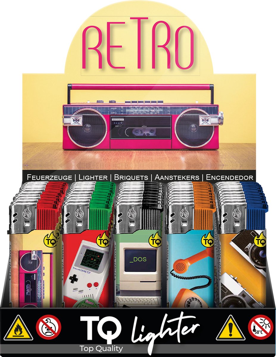 Goedkoopste Elektronische aansteker hervulbaar - Design Retro - Display 50 stuks - wegwerpaansteker - electronic lighter - klik aanstekers