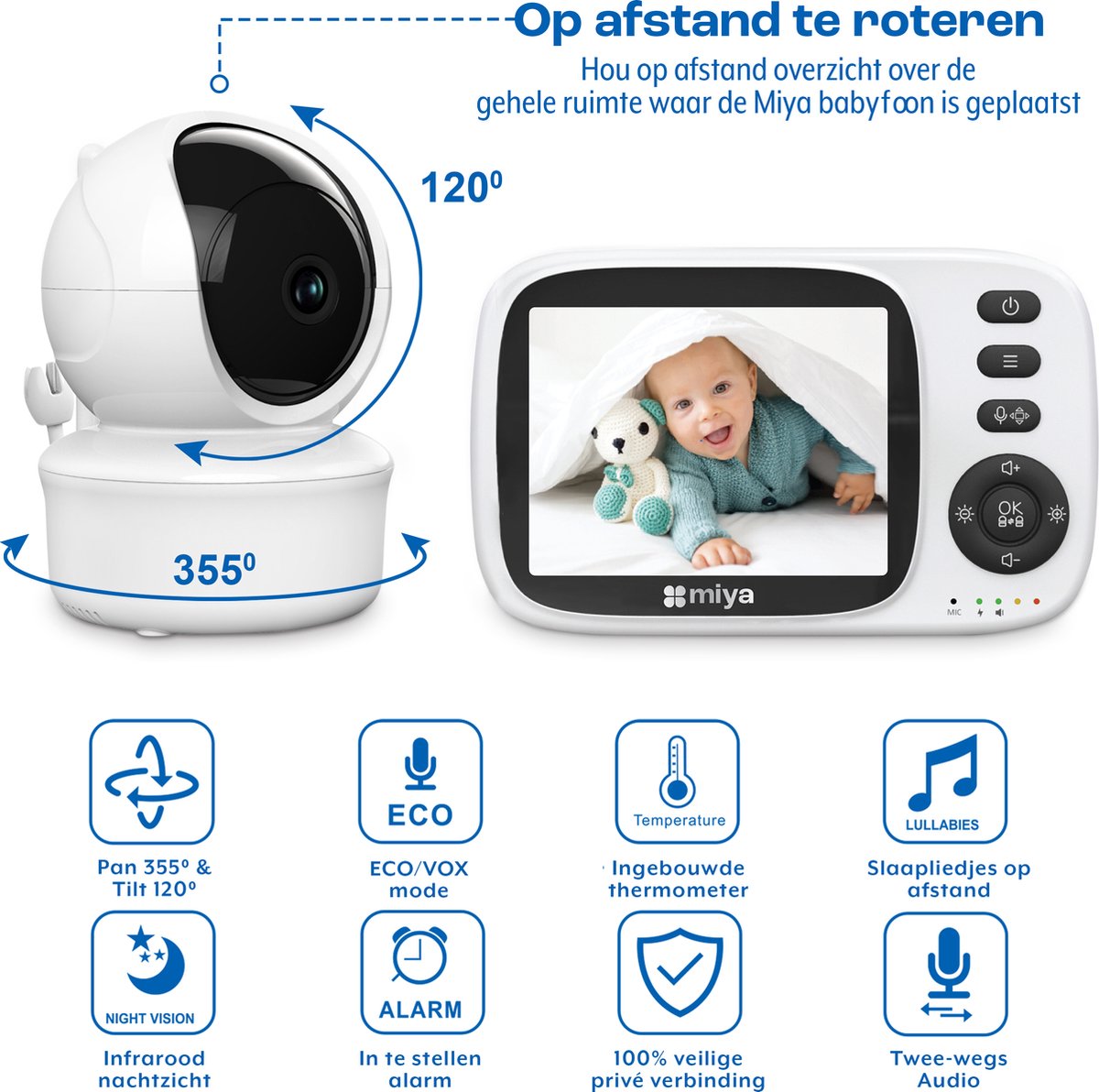 Afbeelding 2 van Miya M32+ Babyfoon - Babyfoon met camera - Op afstand bestuurbaar - Video & Audio - Baby monitor