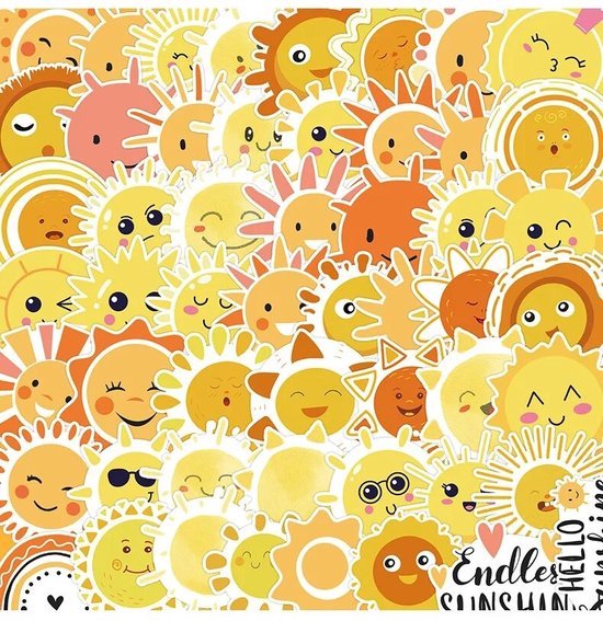 Zon Stickers – Set van 50 Stuks – Sun – Zomer – Zonnige – Grappig – Vrolijk – Stickers voor Laptop, Koffer, Bullet Journal en Planner – Stickers Kinderen en Volwassenen – Decoratieve Stickers – Creatief – Knutselen – Scrapbook