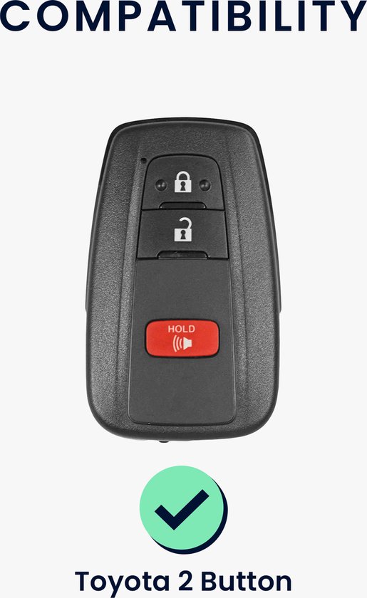 Een zwarte Toyota 2-knops autosleutel met een groen vinkje, wat duidt op compatibiliteit.