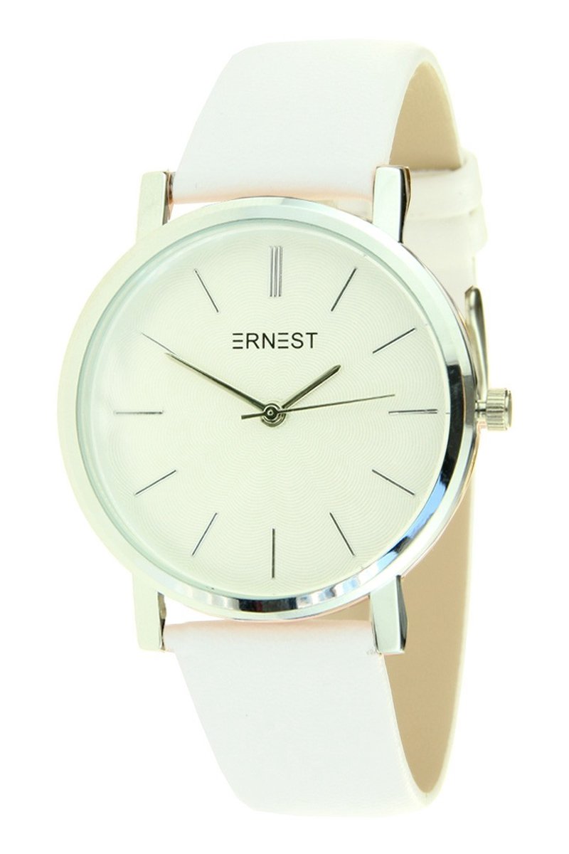 Horloge Rond Zilver Wit - Ernest - RVS - Dames - Inclusief Batterij - Leer