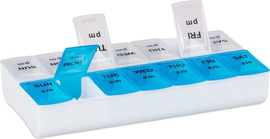 vacuüm verwijderen Permanent Relaxdays pillenbox 7 dagen 2 vakken - medicamentendoos Engels -  pillendoosje wit-blauw | bol.com