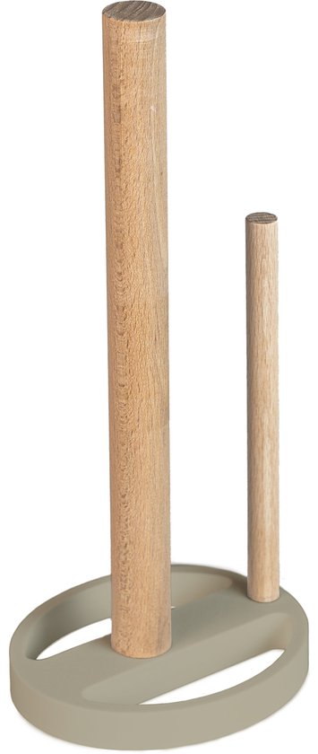 Un porte-rouleau de cuisine beige avec deux supports en bois sur fond noir.