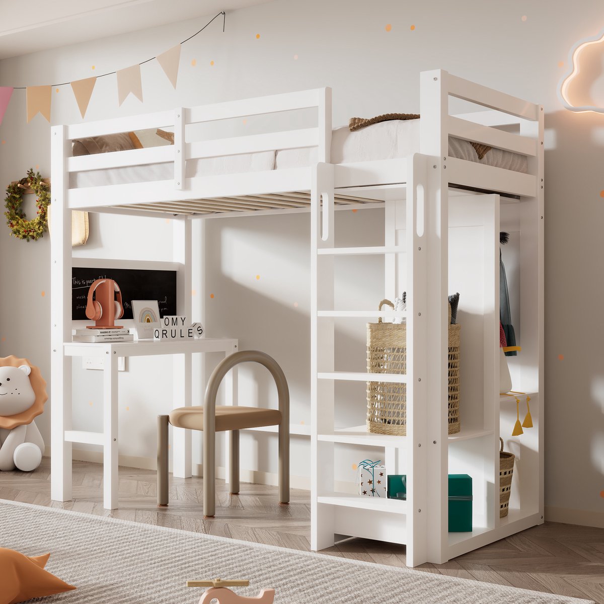 Sweiko Hoogslaper - 90 x 200 cm - Kinderbed - Met bureau - Open kledingkast - Opbergplanken - Wit (zonder matras)
