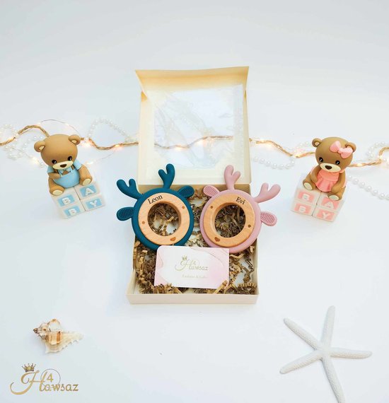 Foto: Bijtring 1 stuk blauw hawsaz nl cadeau gepersonaliseerd baby siliconen bijtring hert babygeschenk geboortecadeau kraampakket babyshower cadeau cadeau voor jongens en meisjes baby en peuter speelgoed tweeling cadeau