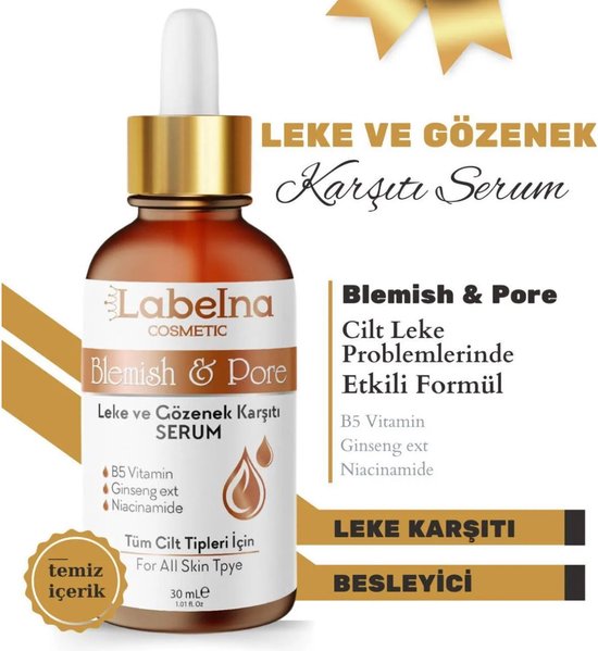 Labelna Cosmetic Anti-Blemish en Poriën 30 ml Gezichtsserum - Serum tegen Acne en Poriën Voor alle huidtypes, Vitamin B5 en C
