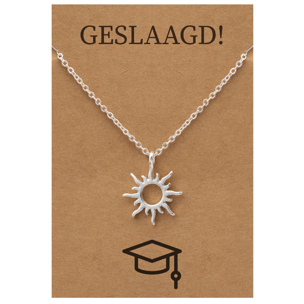 Geslaagd Cadeau Ketting - Zonnetje voor Geluk Sieraad - Zilverkleurig - Gefeliciteerd - Pax Amare