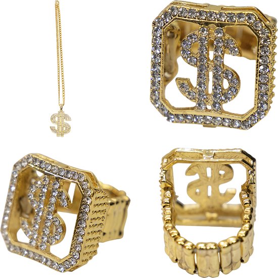 Foute Dollar set - ring en ketting - rapper - hiphop - pooier - pimp - sieraden - juwelen