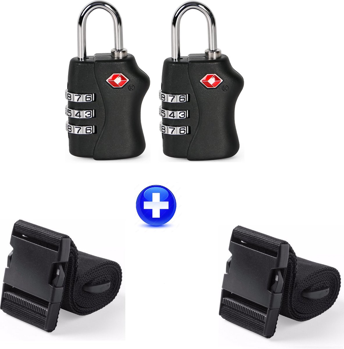 Maxenza Kofferslot - TSA Reisslot - Tsa slot - Hangslot - Cijferslot - Kofferriem - Zwart - Set van 2 Koffersloten en 2 Kofferriemmen