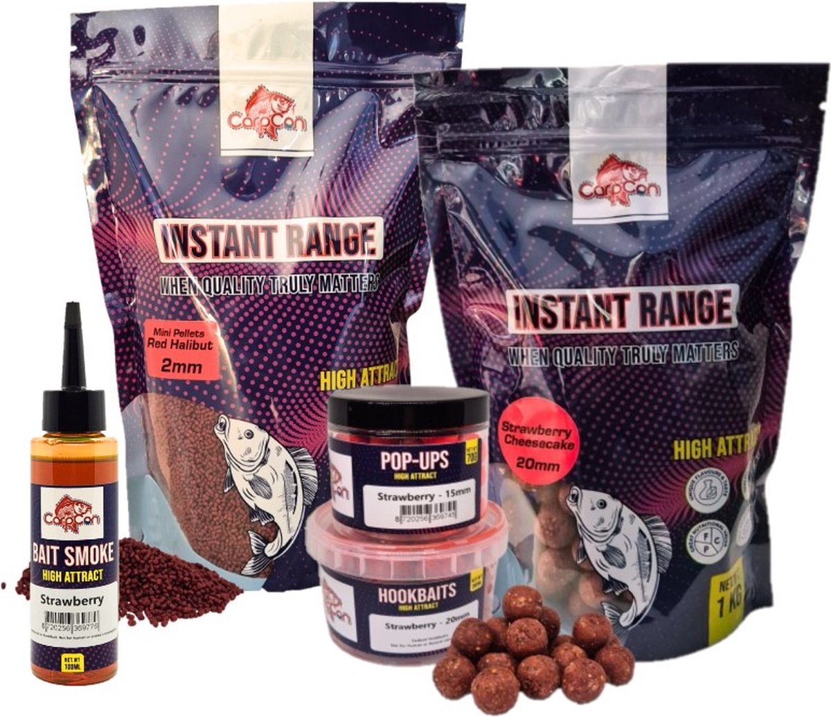 High Attract Voerpakket 'Strawberry Red' Groot - 20mm - Karper voer/boilies - Voordeelpakket voor vissers - Met 20mm Instant Range Boilies, Pellets, Bait Smoke, Hookbaits & Pop Ups - Visset