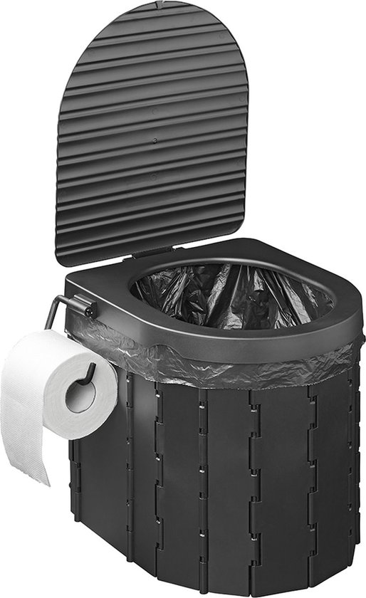 ProPlus Opvouwbaar Toilet – 34,5 x 29 x 31,5 cm - Inklapbaar - Chemisch Mobiel Toilet - Draagbaar - Geschikt voor kamperen, varen of reizen - Draagvermogen 150 kg - Inclusief vuilniszakken, een stoffen petzak en toilethouder - Met Deksel – Zwart