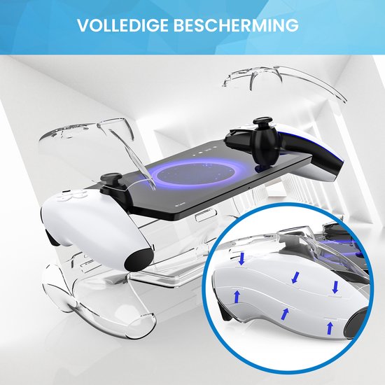 Een Playstation Portal met controllers, omgeven door een transparante beschermhoes. Pijlen geven de klikpunten aan. "Volledige bescherming".