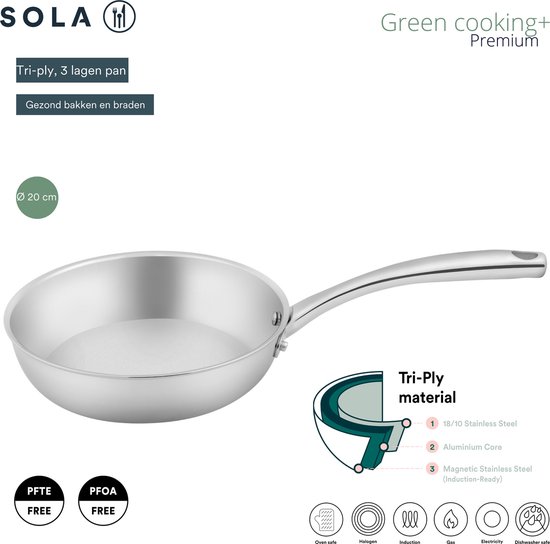 SOLA Green cooking+ Premium tri-ply 3-lagen pan, Ø 20 cm, zilverkleurig met een gebogen handvat.