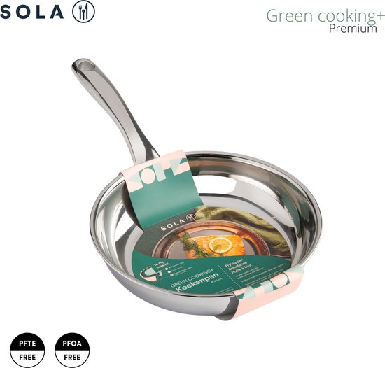 Sola Green cooking+ Koskenpan, Ø 20 cm, zilverkleurig, met productinformatie en PTFE/PFOA vrije labels.