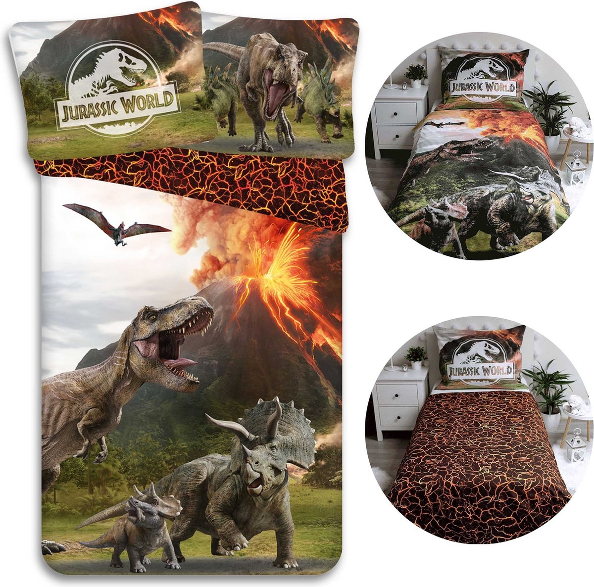 Jurassic World Beddengoedset, Katoenen Beddengoed met Rits 140x200 cm, Oeko-Tex