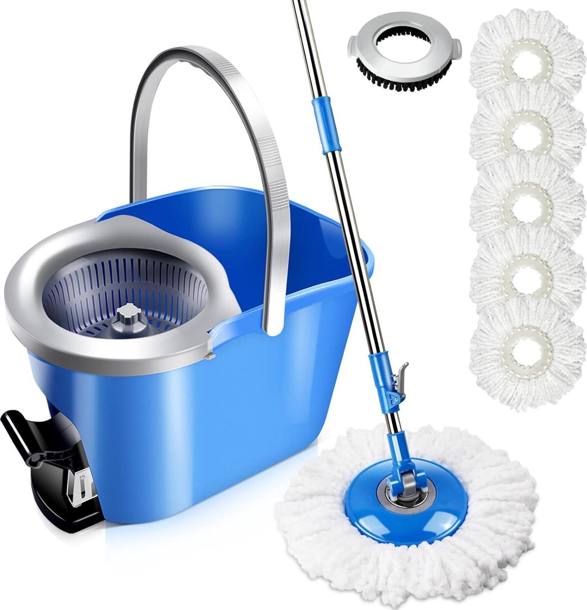 Dweilmop set 8 liter emmer telescoopsteel 128 cm voetpedaal 5 dweilkoppen borstelkop hardhout laminaat tegels mop and bucket set