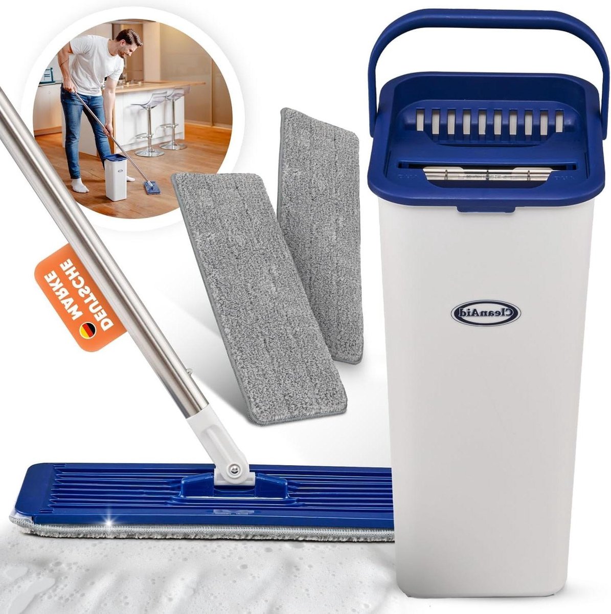 CleanAid Formosa 2 vloerdweil 360° platte compacte 2-kamer dweilemmer extra lang handvat 155 cm 2 microvezel-dweilhoezen gladde oppervlakken mop and bucket set