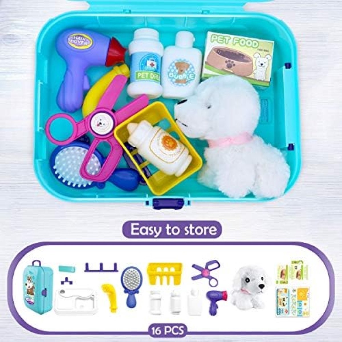 Dog Care - 8 stuks Toy Play Set Dog Cage Care - Vint Role Play Toys Dog Grooming, Speelgoed voor Puppy's Set voor 3 Jongens en Meisjes Deze speelset in kooi voor