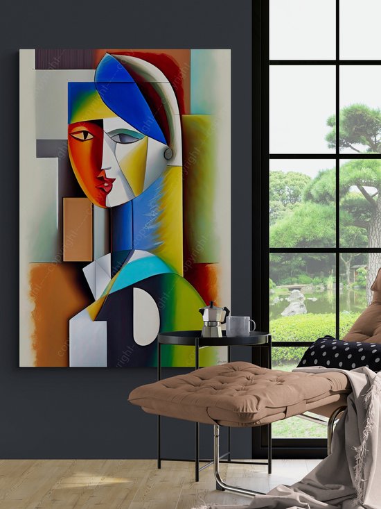 JJ-Art (Aluminium) 90x60 | Femme cubisme abstrait dans le style Picasso - art - salon - chambre | bleu, marron, rouge, jaune, vert, moderne | Impression Photo-Painting sur Dibond (décoration murale métal) | CHOISISSEZ VOTRE TAILLE