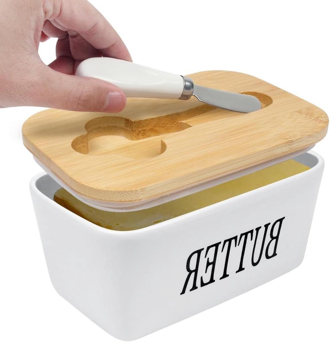 Keramische boterschotel met deksel 650 ml botermes porseleinen botercontainer dubbele siliconen afdichtingen boterdoos voor boterkaas en noten