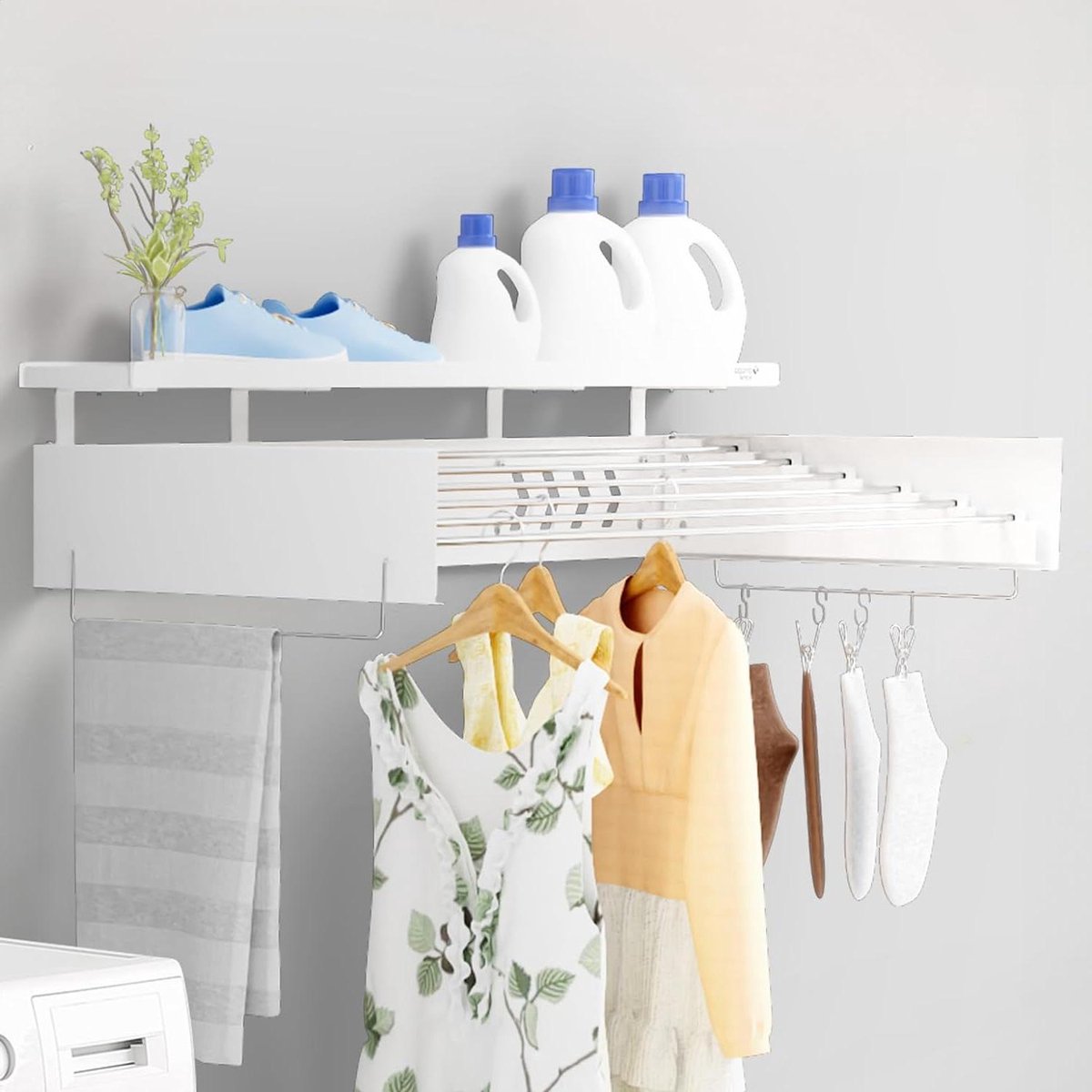 Goedkoopste Opbergrek voor droogrek 100 cm - uittrekbaar wasdroger met haken - inklapbaar wanddroger voor binnen en buiten - wit