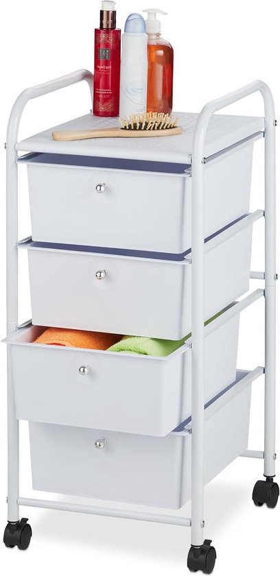 Foto: Badkamer trolley met 4 lades metalen kunststof opbergtrolley keuken afmetingen 74 x 33 x 39 cm wit