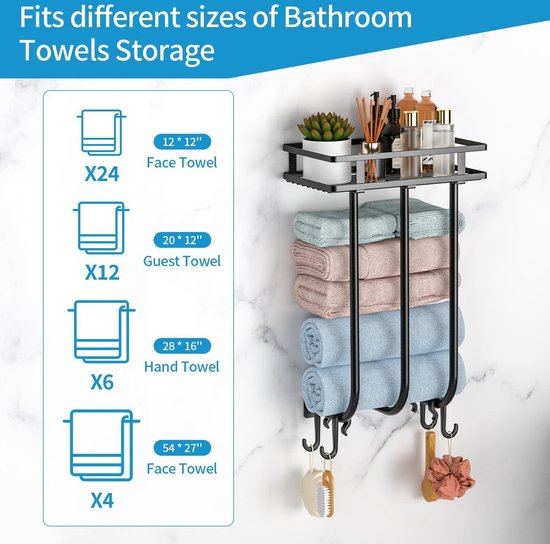 Porte-Serviettes Mural 3 Niveaux En Aluminium Blanc 80 Cm – Avec 4 Crochets, Design Moderne Pour Salle De Bain Et Cuisine