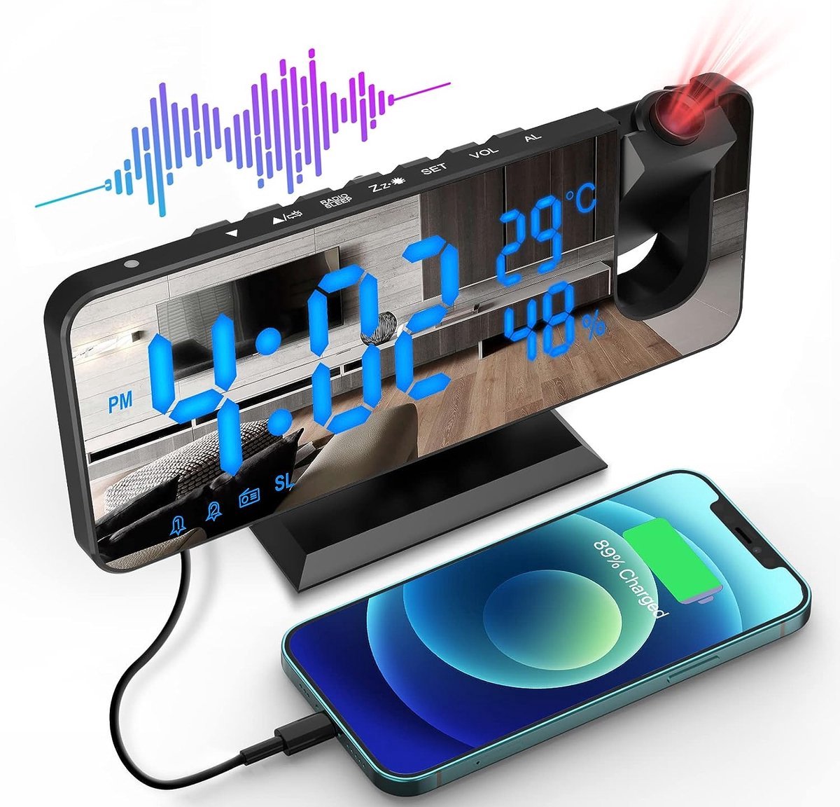 Projectiewekker met Radiowekker en USB-aansluiting - Luchtvochtigheidssensor - Digitale Wekker met Tijdprojectie - Dubbel Alarm - Moderne Wekker - Slaapkamer Klok met Projectie - Handige Radiowekker