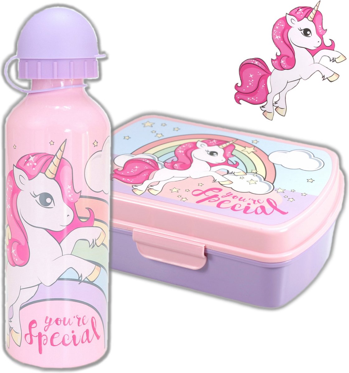 Broodtrommel + drinkfles Unicorn | Eenhoorn Lunchbox voor meisjes | Lichtroze LS03Ax