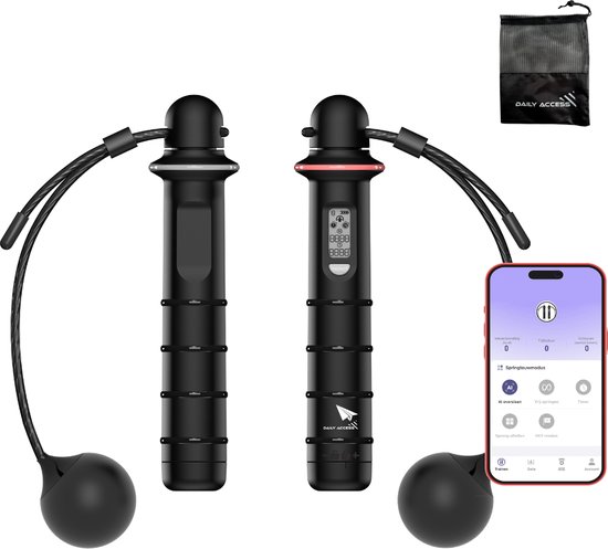 Zwarte smart springtouwen met displays, losse gewichten en smartphone met 'Daily Access' app.