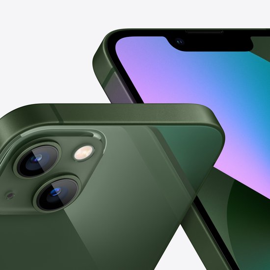 Twee groene iPhones, één van achteren met dubbele camera, één van voren met paars-blauwe scherm.