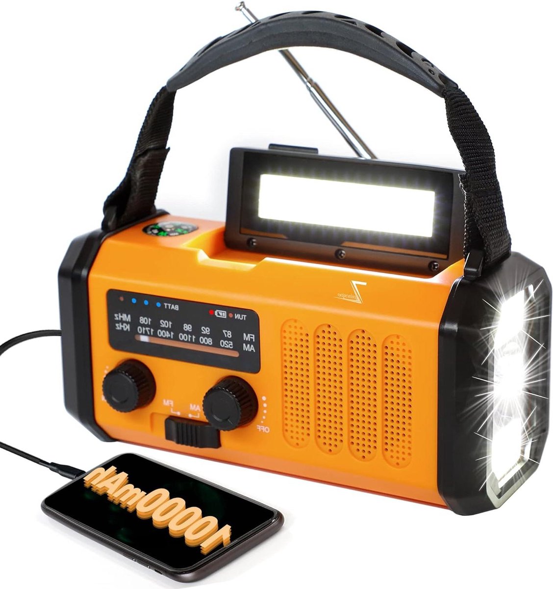 Solar Hand Crank Emergency Radio 4 Way Powered - Oplaadbare AM FM Radio Dynamo Power Bank - 10000mAh - Telefoon Oplader - 700LM Zaklamp - LEESLAMP - SOS - Kompas - Hurricane Storm Camping Survival