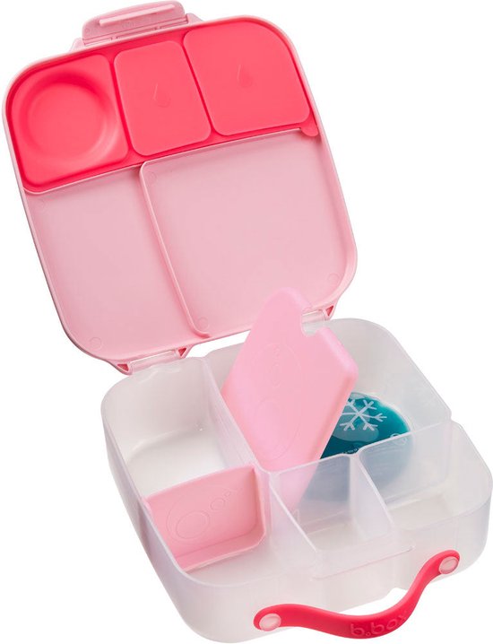 Boîte à lunch b.box rose ouverte avec 4 compartiments. La boîte à lunch contient un moule à cupcake en silicone bleu.
