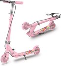 Roze kinderstep in twee standen: staand en opgevouwen.